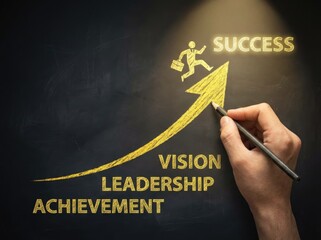 Hand holding pencil drawing upward arrow and success concept on blackboard business growth