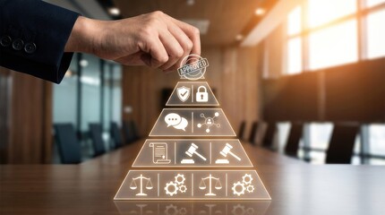 Hand placing an "APPROVED" stamp on a glowing pyramid of business compliance, legal, and ethical icons