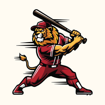 Majestic Lion Baseball Player Swinging Bat with Dynamic Action Lines
