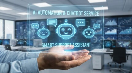 Human hands holding a futuristic holographic display of AI automation and chatbot service with smiling robot icons