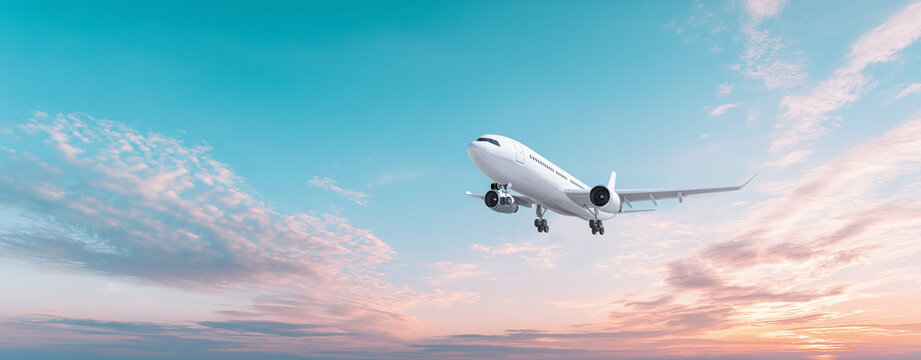 A large white airplane flying ,The background is dominated by a pale azure blue sky.