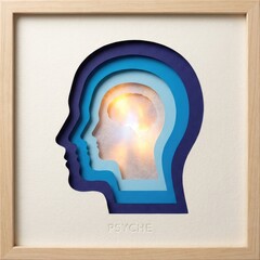 Layered paper cutout of human head profiles with glowing brain and psyche text mind psychology