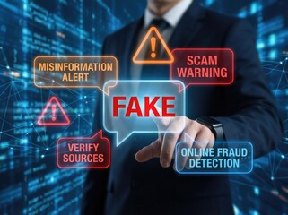 Man in suit pointing at a screen displaying "FAKE" with alerts for misinformation and online fraud