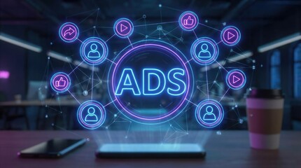 Neon digital ads network hologram emanating from a smartphone on a desk advertising marketing