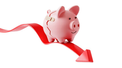 Broken Piggy Bank on Falling Red Arrow, Economic Decline and Financial Loss Concept
