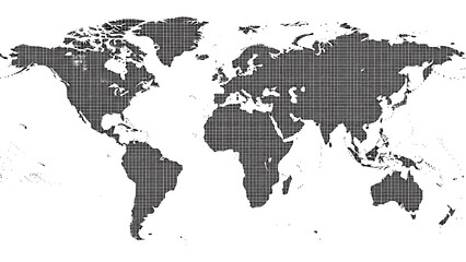 Minimalist black and white dotted world map illustration on clean white background.