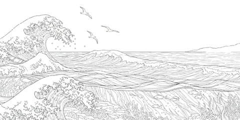 A detailed ocean seascape illustration featuring large waves, flying seagulls, and underwater life isolated on white background © vector Designer