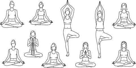 Fototapeta premium Yoga Poses and Meditation Line Art Illustration Set with Women in Lotus and Tree Positions