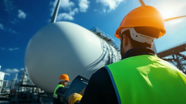 Engineering and Technology: A dedicated worker, adorned with essential safety gear, meticulously examines industrial equipment under the open sky, a symbol of diligent commitment. 