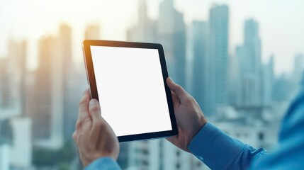 A person holds a tablet against a city skyline backdrop, with a blank screen, suggesting technology, communication, or digital creativity.