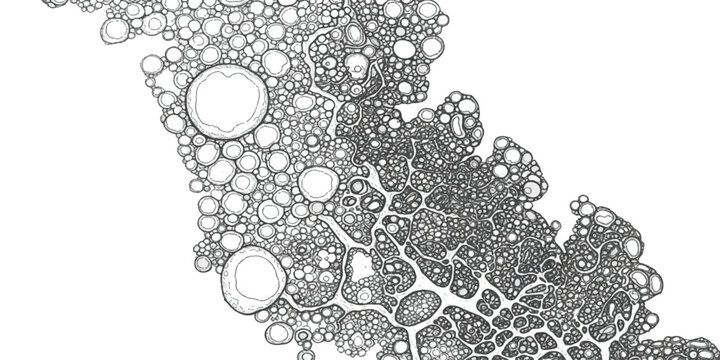 An intricate abstract drawing of cellular growth and microscopic formations in black and white isolated on white background