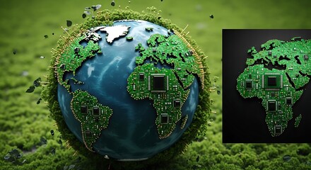 A creative 3D visualization of planet Earth where continents are made of green circuit boards, symbolizing global technology, green energy, and worldwide connectivity
