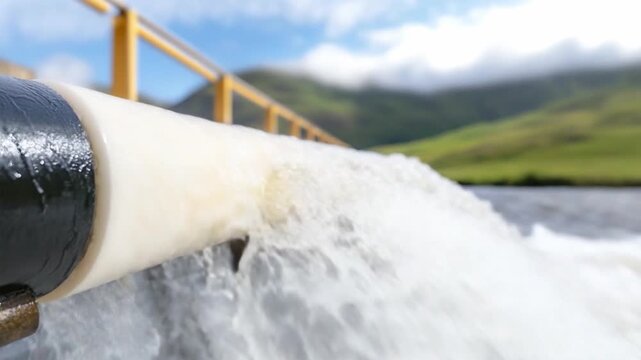 Water Discharge: A close-up view capturing the dynamic expulsion of water from a pipe, highlighting the powerful flow and the element's natural energy. 