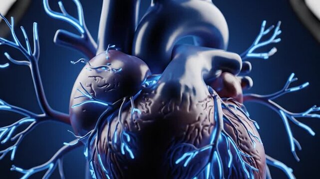 Vibrant 3D render of a human heart, pulsating with glowing blue energy conduits