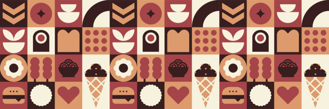 Fast food menu pattern with abstract mosaic dessert and burger design.