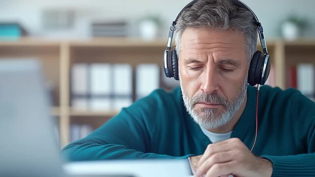 Focusing at Work: A man concentrates intensely while wearing headphones, creating a calm and attentive atmosphere.