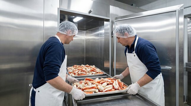 Two men, seafood worker, preparing industrial trays of king crab meat for freezing at a modern processing plant. Quality control and food safety concept.