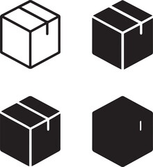 Isolated Delivery Box Icons, Delivery Box Black Minimal Vector Icons, Package Box UI Symbols, Four Identical Grid Layout Icons, Clean Modern App Web Logistics Design Icons