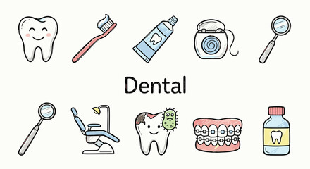 Fototapeta premium Dental doodle colorful icons set. Oral care health symbols, tooth hygiene treatment dentist clinic routine. Vector illustration