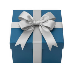 Blue gift box with silver ribbon isolated on transparent background