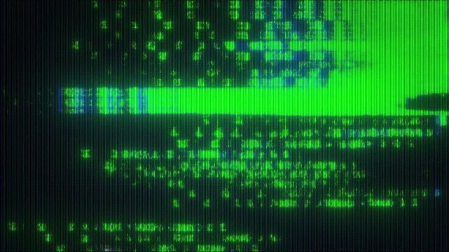 4K Green Digital Text and Number Glitch Transition with Data Corruption Signal Errors Pixel Distortion and Scrolling Code Lines as Interface Overlay for UI HUD Systems Motion Graphics Layers