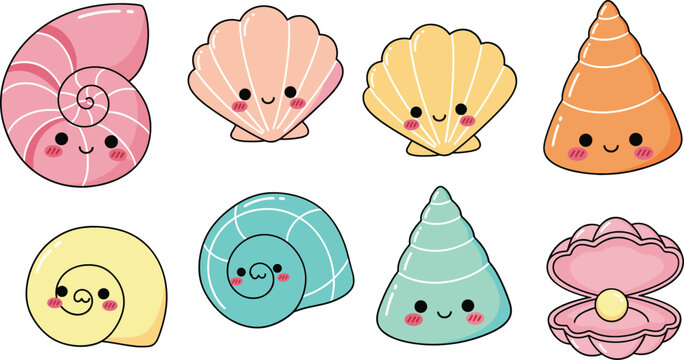 Cute beach seashell characters illustration set pastel kawaii style flat vector for kids design