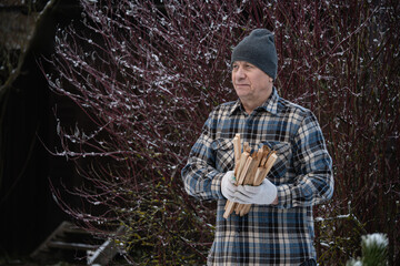 Senior man carrying firewood outside in snowy backyard. Practical winter preparation for home...