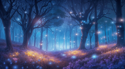 A dense forest scene shows trees surrounded by glowing lights. The ground is covered with flowers and mist. The entire setting feels enchanting and full of wonder under the night sky