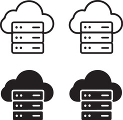 Isolated Cloud Server Icons, Cloud Server Black Minimal Vector Icons, Cloud Computing UI Symbols, Four Identical Grid Layout Icons, Clean Modern App Web Network Infrastructure Icons