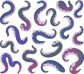 Obraz premium Octopus tentacle vector set, marine life, suction cups, underwater creature, vibrant colors, cartoon style, ocean illustration, abstract aquatic design