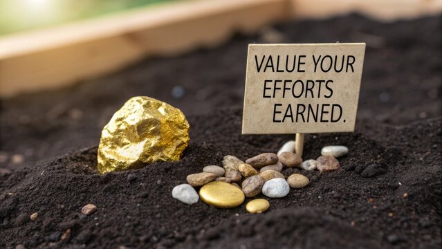 Gold nugget and sign indicating effort equals value in soil.