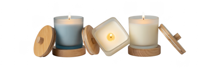 Three lit candles with wooden lids home decor interior ambiance isolated on a transparent background