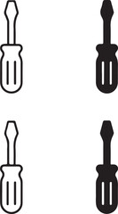 Isolated Screwdriver Icons, Screwdriver Black Minimal Vector Icons, Tool UI Symbols, Four Identical Grid Layout Icons, Clean Modern App Web Workshop Repair Design Icons