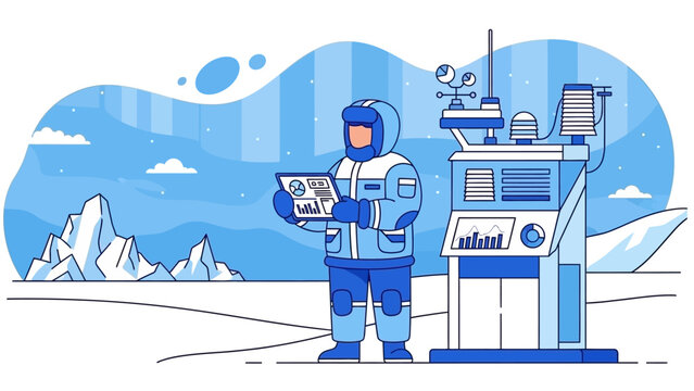 Arctic research astronaut beside a blue ice lab examining data at a remote polar station.