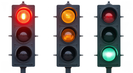 Three traffic lights with different colored lights yellow light isolated on a transparent background