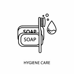A line art illustration depicting personal hygiene items like soap, a toothbrush, and a water drop, with the text "HYGIENE CARE" below.