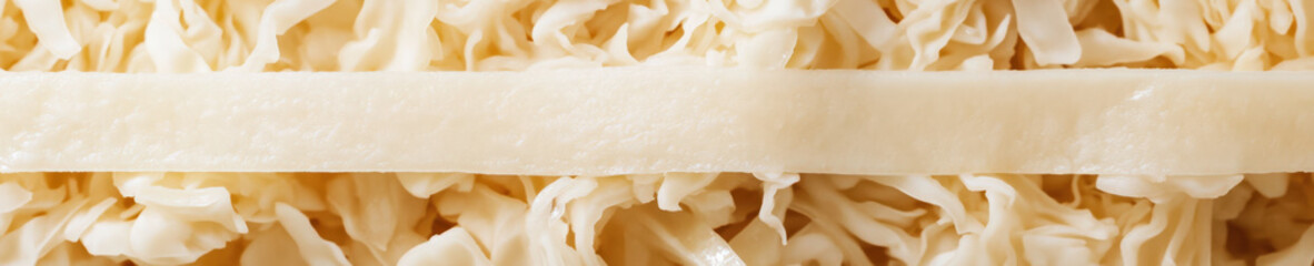 Cabbage core strip on shredded white cabbage background, close up

