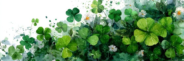 Watercolor background with lush green shamrocks and clover leaves, Saint Patrick’s Day nature botanical illustration