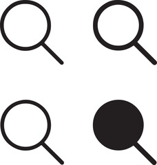 Isolated Magnifying Glass Icons, Magnifying Glass Black Minimal Vector Icons, Search Loupe UI Symbols, Four Identical Grid Layout Icons, Clean Modern App Web Research Tool Design Icons