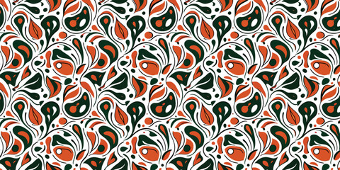 Premium abstract seamless vector pattern with organic fluid shapes. Hand-drawn minimalist background in forest green and terracotta for textile, wallpaper, and branding identity