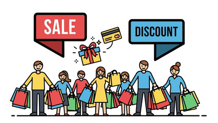 Vibrant group of shoppers in a busy street market showcasing sales, discounts, and colorful storefronts.