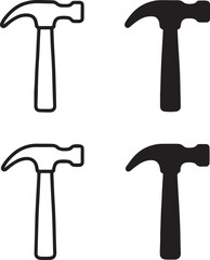 Isolated Hammer Icons, Hammer Black Minimal Vector Icons, Tool UI Symbols, Four Identical Grid Layout Icons, Clean Modern App Web Construction Equipment Design Icons