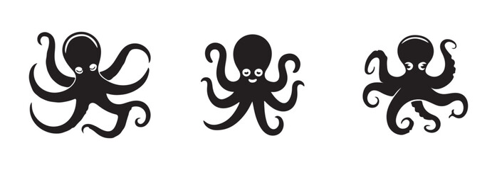 Various octopus vector shapes with expressive eyes and flowing curvy tentacles isolated on white background © MdJahid