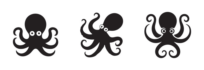Adorable black and white vector drawings of friendly octopus animals showing playful hand like arm gestures