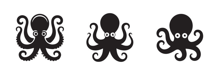 Set of professional dark octopus icons representing different swimming positions and dynamic body postures © MdJahid