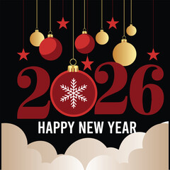 Golden 2026 numbers with a sparkling snowflake in the middle and happy new year text on a dark red bokeh backgroun