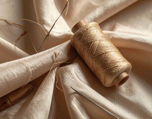 Close-up of a spool of thread and needle on luxurious satin fabric