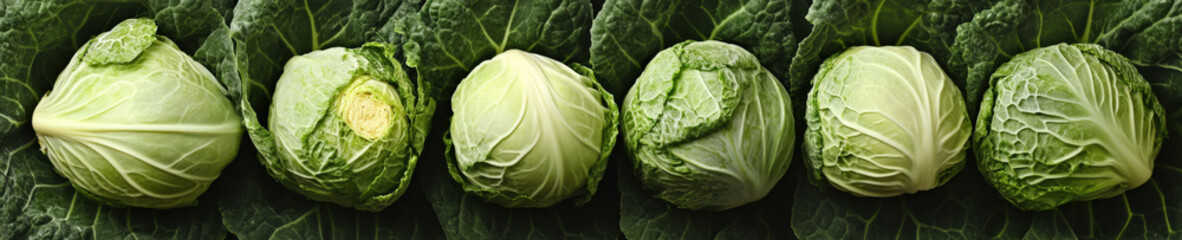Fresh cabbage heads row on savoy cabbage leaf background, top view

