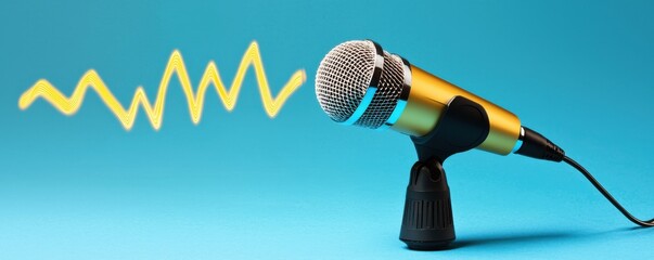 Golden Microphone with Sound Waves on a Vibrant Blue Background