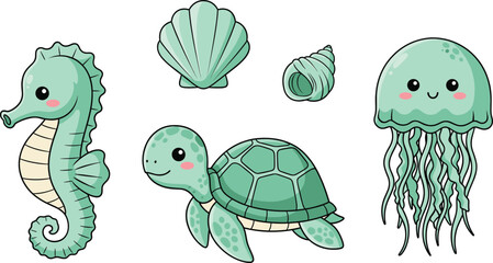 Cute mint green underwater sea animal collection with seahorse sea turtle jellyfish © Sumon Creative